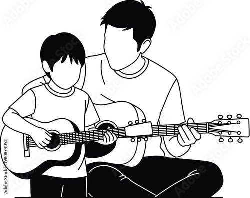 Heartwarming fathers day illustration father and son bonding over music with a guitar