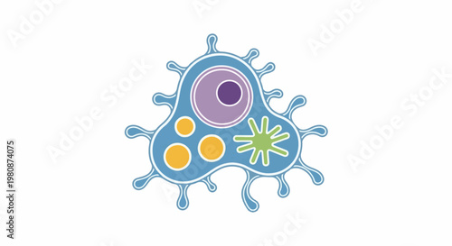 Abstract representation of a cell with nucleus and organelles in vibrant colors