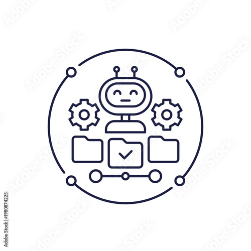 AI agent icon, artificial intelligence and tasks automation line design with folders and robot