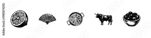 Spanish Culture and Gastronomy Design Elements with Hand-Drawn Inky Doodle and Sketchy Ink Wash Aesthetic