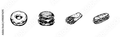 Fast Food and Popular Snack Menu Elements with Chalkboard Style Hand-Drawn Engraving Style