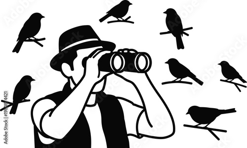 Celebrating fathers day a birdwatching dad with binoculars and birds in a vintage illustration