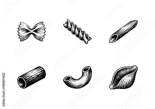 Italian Pasta Varieties and Mediterranean Food Elements with Hand-Drawn Engraving Style and Sketchy Calligraphic Outlines