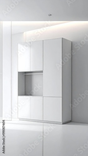 A minimalist interior showcases a sleek, built-in wardrobe with clean lines and integrated lighting, emphasizing a modern and uncluttered aesthetic.