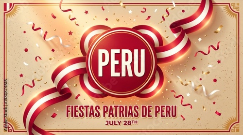 Peru independence day july 28th celebration with dynamic red and white patriotic ribbons and confetti background design ideal for fiestas patrias banners posters flyers and holiday promotions