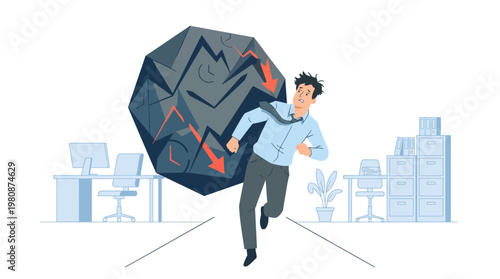 Businessman running from large boulder in office.