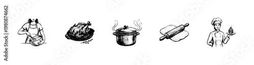 Culinary Cooking and Baking Elements with Professional Chefs in Hand-Drawn Sketchy Style and Fluid Engraving Style.
