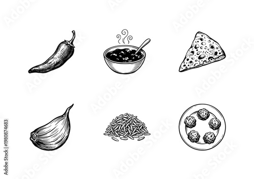 Indian Cuisine and Traditional Food Elements with Hand-Drawn Inky Doodle and Fluid Sketchy Aesthetic