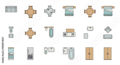 Collection of modern furniture icons for interior design planning.