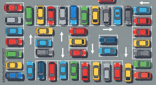 Aerial view of a full parking lot with many colorful cars.