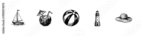 Summer Vacation and Beach Travel Elements with Hand-Drawn Inky Doodle and Organic Textures