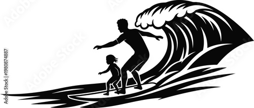 Celebrating fathers day a silhouette of father and son surfing a powerful ocean wave