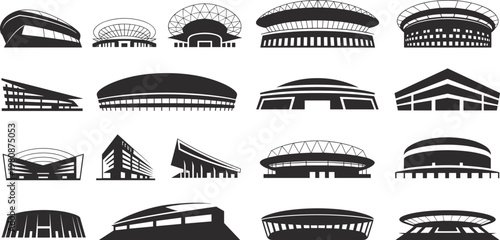 Modern stadium architecture silhouettes collection featuring arena buildings sports venues and stadium exteriors isolated vector illustration set