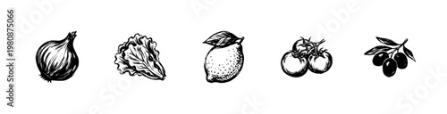 Fresh Greek Salad Ingredients and Mediterranean Vegetables with Hand-Drawn Sketchy Watercolor Textures