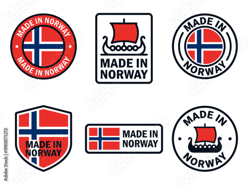 Made in Norway badge set: vector flat emblems with Scandinavian cross and Viking ship