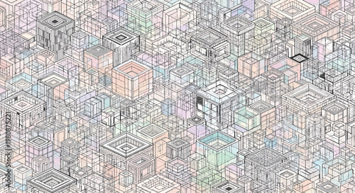 Grid pattern displays an infinite collection of interconnected cubes and geometric structures in a soft pastel color palette.