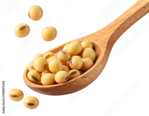 Close-up of golden legumes on a wooden spoon, isolated on white
