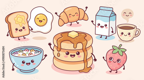 Kawaii Breakfast Characters Set Cute Toast Egg Pancake and Coffee Flat Vector