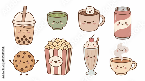 Adorable Beverage and Snack Collection Cartoon Kawaii Flat Illustration
