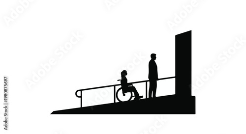 Accessible ramp entrance with person in wheelchair and assistant, symbolizing inclusivity and disability awareness in modern architecture