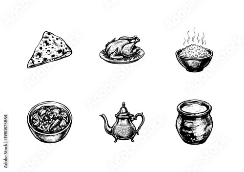 Indian Cuisine and Traditional Food Elements with Saturated Engraving Style and Hand-Drawn Sketchy Aesthetic