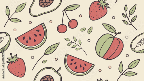 Fruits including strawberries, watermelon slices, and cherries create a vibrant seamless pattern on a soft cream background.