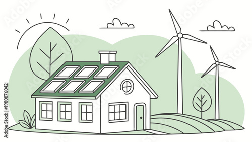 House with solar panels on the roof stands beside wind turbines in a green landscape representing sustainable living.