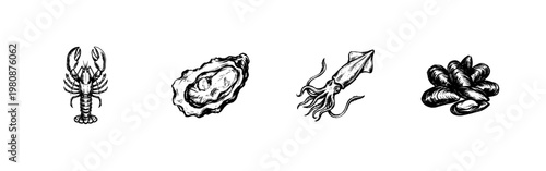 Seafood and Edible Marine Life Collection with Hand-Drawn Inky Doodle and Detailed Sketchy Textures