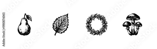 Vegan and Vegetarian Food Labels with Botanical Leaves and Garden Herbs in Hand-Drawn Inky Brush Style