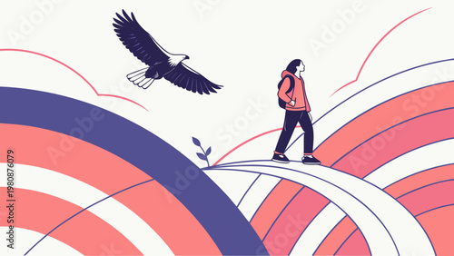 Traveler wearing a backpack walks along a winding path while a majestic eagle soars through the clear sky.