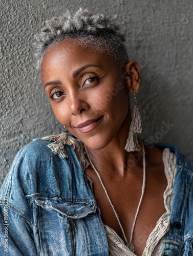 Mature Black woman with stylish grey hair and denim jacket smiles gently