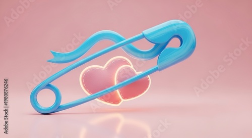 Blue safety pin and heart symbol.