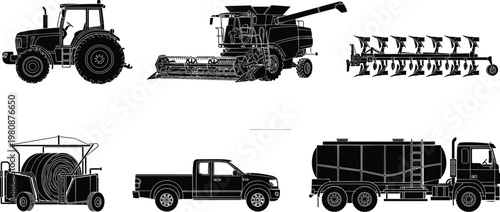 Agricultural vehicle silhouettes, tractor, combine harvester, plow, irrigation reel, pickup truck, tanker truck, black icons, white background, farming equipment