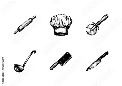 Chef Kitchen Tools and Restaurant Cooking Utensils with Inky Brush Strokes and Hand-Drawn Sketchy Aesthetic