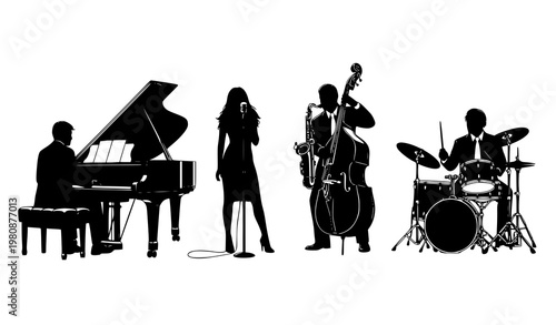 Classic jazz band silhouettes vector set musicians pianist saxophonist drummer