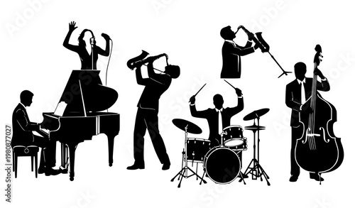 Jazz musicians silhouette clipart vector set piano sax drum bass singer