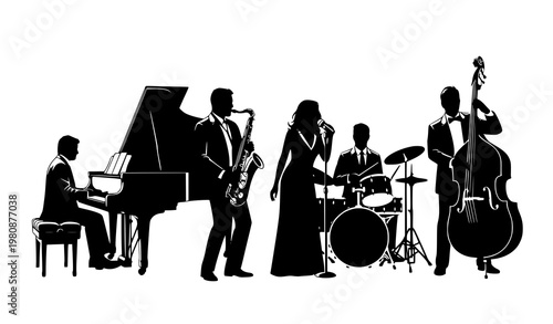 Classic jazz band vector silhouettes set musicians performance illustration