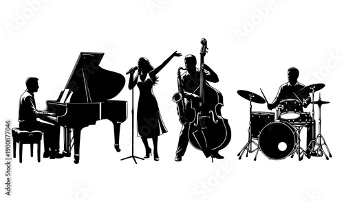 Jazz band silhouettes vector set musicians pianist saxophonist drummer singer