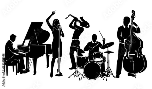 Jazz musicians silhouette vector clipart set piano sax drum bass singer
