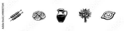 Georgian Cuisine and Traditional Food Elements with Inky Brush Strokes and Hand-Drawn Sketchy Style