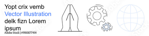 Spirituality, teamwork, global connections, innovation, engineering, and cultural harmony. Praying hands, two gears globe symbol. Spirituality and teamwork with a global and innovative perspective