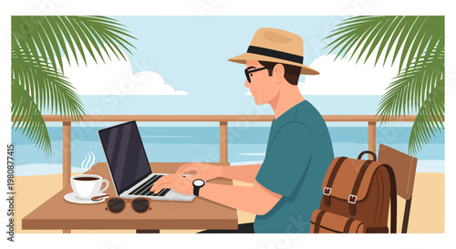 Man working on laptop at beachside.