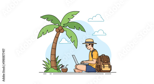 Man working on laptop at tropical beach.