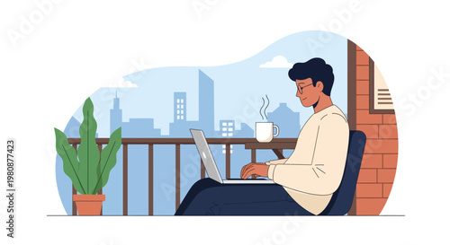 Man working on laptop at home.