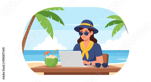 Woman working on laptop at beach.