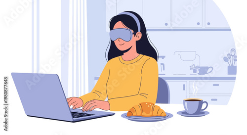 woman wearing sleep mask using laptop with breakfast.