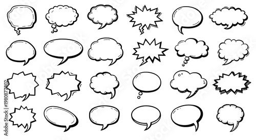 Speech bubble icons set with comic puffs, star bursts, and outline doodle style for dialogue, stickers, and UI graphics