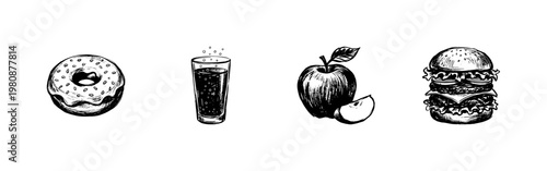 Food and Beverage Gastronomy Elements with Hand-Drawn Inky Brush Strokes in Sketchy Chalkboard Style for Menu Design and Culinary Branding