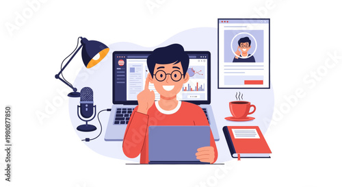 Man working remotely with laptop and coffee.