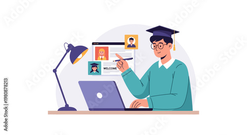 A man in a graduation cap using a laptop.